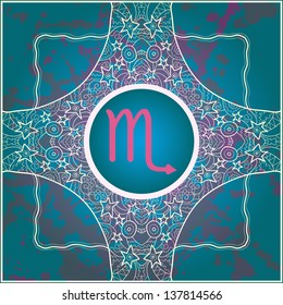 Zodiac sign Scorpio.  What is karma? Vector icon with zodiac signs on ornate seamless wallpaper. Oriental mandala motif lases pattern seamless doodle frame of stars and planets.