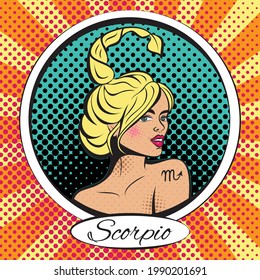 Zodiac sign Scorpio woman. Pop art vector illustration. Line art, ideal for poster, print, postcard, colouring book.	
