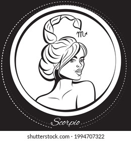 Zodiac sign Scorpio woman. Pop art illustration. Line art, ideal for poster, print, postcard, colouring book.