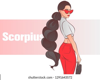 Zodiac sign Scorpius. Beautiful fashion girl with with red lips. Zodiac constellation. Template for banner website.	