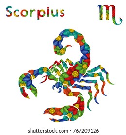 Zodiac sign Scorpius with filling of colorful stylized flowers on a white background, vector illustration