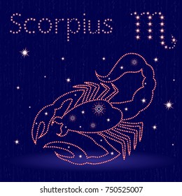 Zodiac sign Scorpius on the starry sky, hand drawn vector illustration with stylized stars over blue background