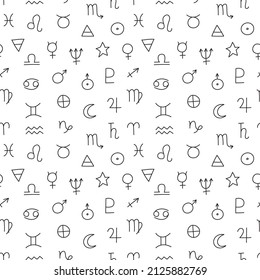 Zodiac sign seamless pattern.  Black symbols on white background. Vector illustration.