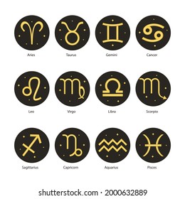 Zodiac sign set. Astrology symbol icon. Horoscope zodiac constellation - aries, taurus, gemini, cancer, lion, virgo, libra, scorpion, sagittarius, capricorn, aquarius, pisces. Vector illustration.