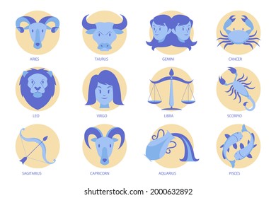 Juego de signos Zodiac. Icono de símbolo de astrología. Constelación de zodiaco del horóscopo - ario, taurus, gemini, cáncer, león, virgo, lira, escorpión, sagitario, capricornio, aquarius, pisces. Ilustración vectorial.