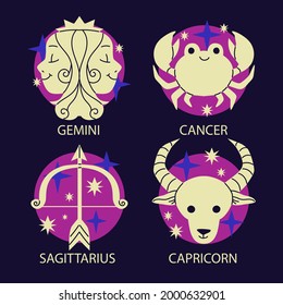 Zodiac sign set. Astrology symbol icon. Horoscope zodiac constellation - aries, taurus, gemini, cancer, lion, virgo, libra, scorpion, sagittarius, capricorn, aquarius, pisces. Vector illustration.