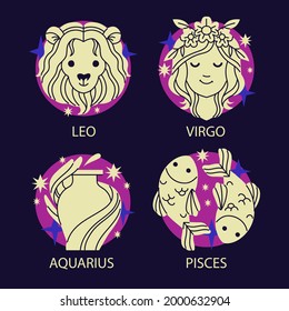 Zodiac sign set. Astrology symbol icon. Horoscope zodiac constellation - aries, taurus, gemini, cancer, lion, virgo, libra, scorpion, sagittarius, capricorn, aquarius, pisces. Vector illustration.