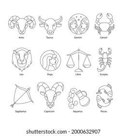 Zodiac sign set. Astrology symbol icon. Horoscope zodiac constellation - aries, taurus, gemini, cancer, lion, virgo, libra, scorpion, sagittarius, capricorn, aquarius, pisces. Vector illustration.