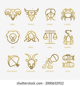 Zodiac sign set. Astrology symbol icon. Horoscope zodiac constellation - aries, taurus, gemini, cancer, lion, virgo, libra, scorpion, sagittarius, capricorn, aquarius, pisces. Vector illustration.