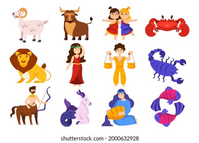 Juego de signos Zodiac. Icono de símbolo de astrología. Constelación de zodiaco del horóscopo - ario, taurus, gemini, cáncer, león, virgo, lira, escorpión, sagitario, capricornio, aquarius, pisces. Ilustración vectorial.