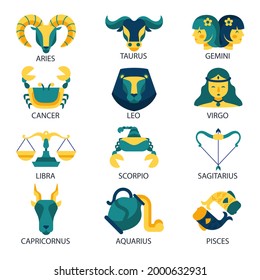 Zodiac sign set. Astrology symbol icon. Horoscope zodiac constellation - aries, taurus, gemini, cancer, lion, virgo, libra, scorpion, sagittarius, capricorn, aquarius, pisces. Vector illustration.