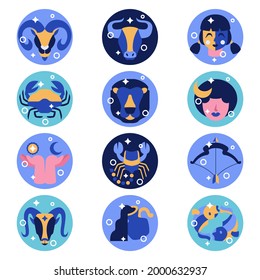 Zodiac sign set. Astrology symbol icon. Horoscope zodiac constellation - aries, taurus, gemini, cancer, lion, virgo, libra, scorpion, sagittarius, capricorn, aquarius, pisces. Vector illustration.