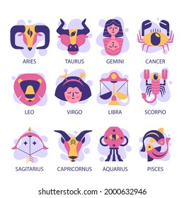 Zodiac sign set. Astrology symbol icon. Horoscope zodiac constellation - aries, taurus, gemini, cancer, lion, virgo, libra, scorpion, sagittarius, capricorn, aquarius, pisces. Vector illustration.