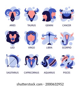 Zodiac sign set. Astrology symbol icon. Horoscope zodiac constellation - aries, taurus, gemini, cancer, lion, virgo, libra, scorpion, sagittarius, capricorn, aquarius, pisces. Vector illustration.