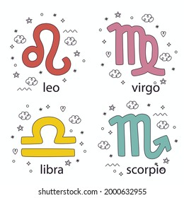 Zodiac sign set. Astrology symbol icon. Horoscope zodiac constellation - aries, taurus, gemini, cancer, lion, virgo, libra, scorpion, sagittarius, capricorn, aquarius, pisces. Vector illustration.