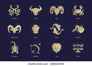 Zodiac sign set. Astrology symbol icon. Horoscope zodiac constellation - aries, taurus, gemini, cancer, lion, virgo, libra, scorpion, sagittarius, capricorn, aquarius, pisces. Vector illustration.