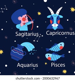 Zodiac sign set. Astrology symbol icon. Horoscope zodiac constellation - aries, taurus, gemini, cancer, lion, virgo, libra, scorpion, sagittarius, capricorn, aquarius, pisces. Vector illustration.
