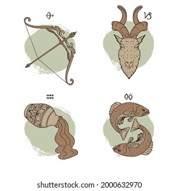 Zodiac sign set. Astrology symbol icon. Horoscope zodiac constellation - aries, taurus, gemini, cancer, lion, virgo, libra, scorpion, sagittarius, capricorn, aquarius, pisces. Vector illustration.