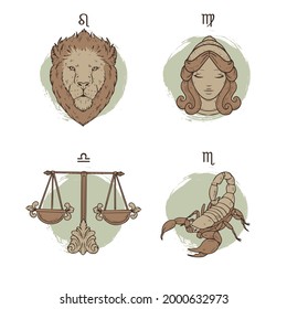 Zodiac sign set. Astrology symbol icon. Horoscope zodiac constellation - aries, taurus, gemini, cancer, lion, virgo, libra, scorpion, sagittarius, capricorn, aquarius, pisces. Vector illustration.