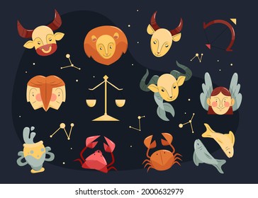 Zodiac sign set. Astrology symbol icon. Horoscope zodiac constellation - aries, taurus, gemini, cancer, lion, virgo, libra, scorpion, sagittarius, capricorn, aquarius, pisces. Vector illustration.