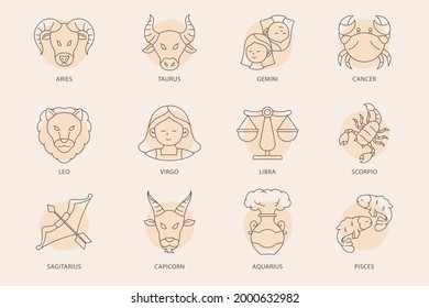 Zodiac sign set. Astrology symbol icon. Horoscope zodiac constellation - aries, taurus, gemini, cancer, lion, virgo, libra, scorpion, sagittarius, capricorn, aquarius, pisces. Vector illustration.