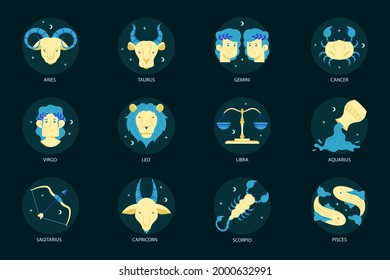 Zodiac sign set. Astrology symbol icon. Horoscope zodiac constellation - aries, taurus, gemini, cancer, lion, virgo, libra, scorpion, sagittarius, capricorn, aquarius, pisces. Vector illustration.