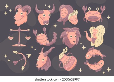 Zodiac sign set. Astrology symbol icon. Horoscope zodiac constellation - aries, taurus, gemini, cancer, lion, virgo, libra, scorpion, sagittarius, capricorn, aquarius, pisces. Vector illustration.