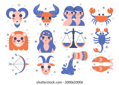 Juego de signos Zodiac. Icono de símbolo de astrología. Constelación de zodiaco del horóscopo - ario, taurus, gemini, cáncer, león, virgo, lira, escorpión, sagitario, capricornio, aquarius, pisces. Ilustración vectorial.