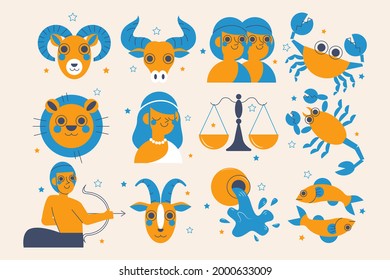 Zodiac sign set. Astrology symbol icon. Horoscope zodiac constellation - aries, taurus, gemini, cancer, lion, virgo, libra, scorpion, sagittarius, capricorn, aquarius, pisces. Vector illustration.