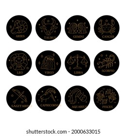 Zodiac sign set. Astrology symbol icon. Horoscope zodiac constellation - aries, taurus, gemini, cancer, lion, virgo, libra, scorpion, sagittarius, capricorn, aquarius, pisces. Vector illustration.