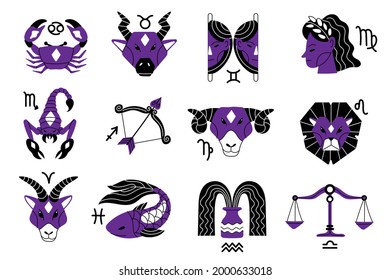 Zodiac sign set. Astrology symbol icon. Horoscope zodiac constellation - aries, taurus, gemini, cancer, lion, virgo, libra, scorpion, sagittarius, capricorn, aquarius, pisces. Vector illustration.