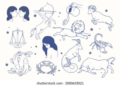 Zodiac Sign Set. Astrology Symbol Icon. Horoscope Zodiac Constellation - Aries, Taurus, Gemini, Cancer, Lion, Virgo, Libra, Scorpion, Sagittarius, Capricorn, Aquarius, Pisces. Vector Illustration.