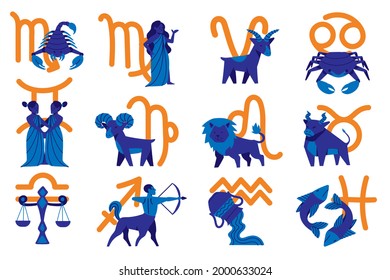 Juego de signos Zodiac. Icono de símbolo de astrología. Constelación de zodiaco del horóscopo - ario, taurus, gemini, cáncer, león, virgo, lira, escorpión, sagitario, capricornio, aquarius, pisces. Ilustración vectorial.