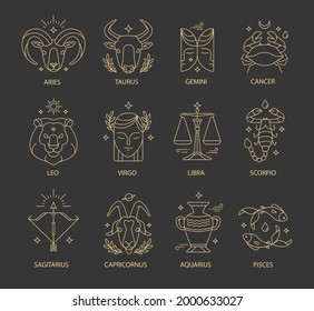 Zodiac Sign Set. Astrology Symbol Icon. Horoscope Zodiac Constellation - Aries, Taurus, Gemini, Cancer, Lion, Virgo, Libra, Scorpion, Sagittarius, Capricorn, Aquarius, Pisces. Vector Illustration.