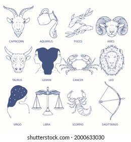 Zodiac sign set. Astrology symbol icon. Horoscope zodiac constellation - aries, taurus, gemini, cancer, lion, virgo, libra, scorpion, sagittarius, capricorn, aquarius, pisces. Vector illustration.