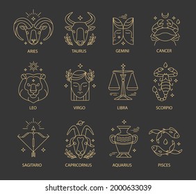Zodiac sign set. Astrology symbol icon. Horoscope zodiac constellation - aries, taurus, gemini, cancer, lion, virgo, libra, scorpion, sagittarius, capricorn, aquarius, pisces. Vector illustration.