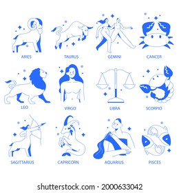 Zodiac sign set. Astrology symbol icon. Horoscope zodiac constellation - aries, taurus, gemini, cancer, lion, virgo, libra, scorpion, sagittarius, capricorn, aquarius, pisces. Vector illustration.