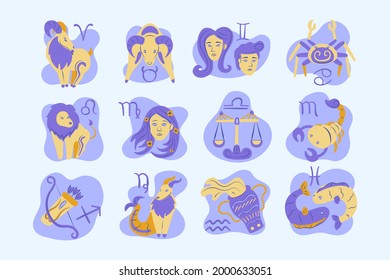 Zodiac sign set. Astrology symbol icon. Horoscope zodiac constellation - aries, taurus, gemini, cancer, lion, virgo, libra, scorpion, sagittarius, capricorn, aquarius, pisces. Vector illustration.