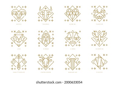 Zodiac sign set. Astrology symbol icon. Horoscope zodiac constellation - aries, taurus, gemini, cancer, lion, virgo, libra, scorpion, sagittarius, capricorn, aquarius, pisces. Vector illustration.