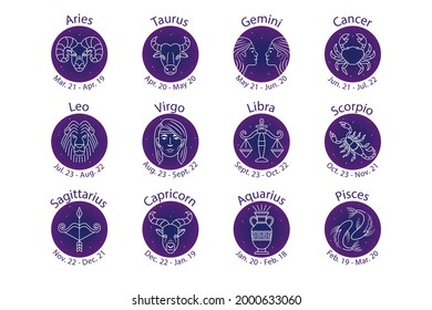 Zodiac sign set. Astrology symbol icon. Horoscope zodiac constellation - aries, taurus, gemini, cancer, lion, virgo, libra, scorpion, sagittarius, capricorn, aquarius, pisces. Vector illustration.