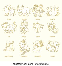 Zodiac sign set. Astrology symbol icon. Horoscope zodiac constellation - aries, taurus, gemini, cancer, lion, virgo, libra, scorpion, sagittarius, capricorn, aquarius, pisces. Vector illustration.