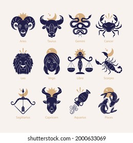 Zodiac sign set. Astrology symbol icon. Horoscope zodiac constellation - aries, taurus, gemini, cancer, lion, virgo, libra, scorpion, sagittarius, capricorn, aquarius, pisces. Vector illustration.