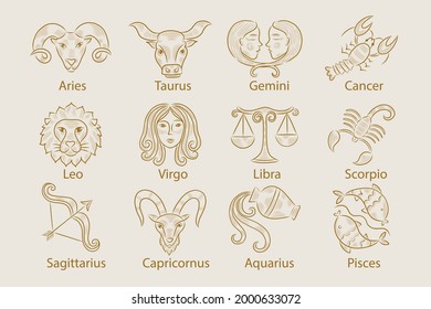 Zodiac sign set. Astrology symbol icon. Horoscope zodiac constellation - aries, taurus, gemini, cancer, lion, virgo, libra, scorpion, sagittarius, capricorn, aquarius, pisces. Vector illustration.