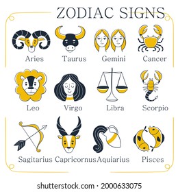 Zodiac sign set. Astrology symbol icon. Horoscope zodiac constellation - aries, taurus, gemini, cancer, lion, virgo, libra, scorpion, sagittarius, capricorn, aquarius, pisces. Vector illustration.