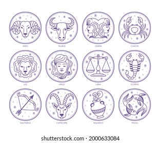 Juego de signos Zodiac. Icono de símbolo de astrología. Constelación de zodiaco del horóscopo - ario, taurus, gemini, cáncer, león, virgo, lira, escorpión, sagitario, capricornio, aquarius, pisces. Ilustración vectorial.