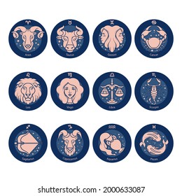 Zodiac sign set. Astrology symbol icon. Horoscope zodiac constellation - aries, taurus, gemini, cancer, lion, virgo, libra, scorpion, sagittarius, capricorn, aquarius, pisces. Vector illustration.