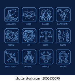 Zodiac sign set. Astrology symbol icon. Horoscope zodiac constellation - aries, taurus, gemini, cancer, lion, virgo, libra, scorpion, sagittarius, capricorn, aquarius, pisces. Vector illustration.