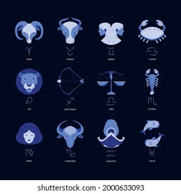 Zodiac sign set. Astrology symbol icon. Horoscope zodiac constellation - aries, taurus, gemini, cancer, lion, virgo, libra, scorpion, sagittarius, capricorn, aquarius, pisces. Vector illustration.