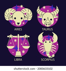 Zodiac sign set. Astrology symbol icon. Horoscope zodiac constellation - aries, taurus, gemini, cancer, lion, virgo, libra, scorpion, sagittarius, capricorn, aquarius, pisces. Vector illustration.