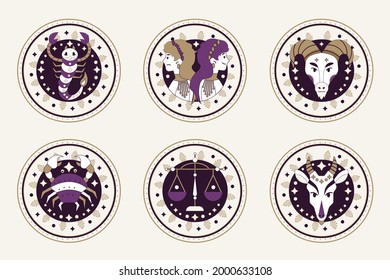 Zodiac sign set. Astrology symbol icon. Horoscope zodiac constellation - aries, taurus, gemini, cancer, lion, virgo, libra, scorpion, sagittarius, capricorn, aquarius, pisces. Vector illustration.